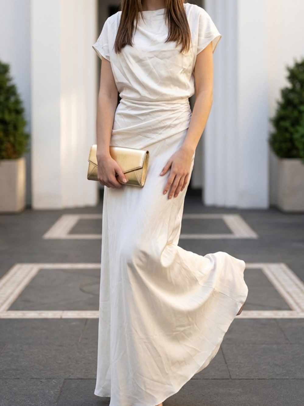 Elegant White Draped Maxi Dress